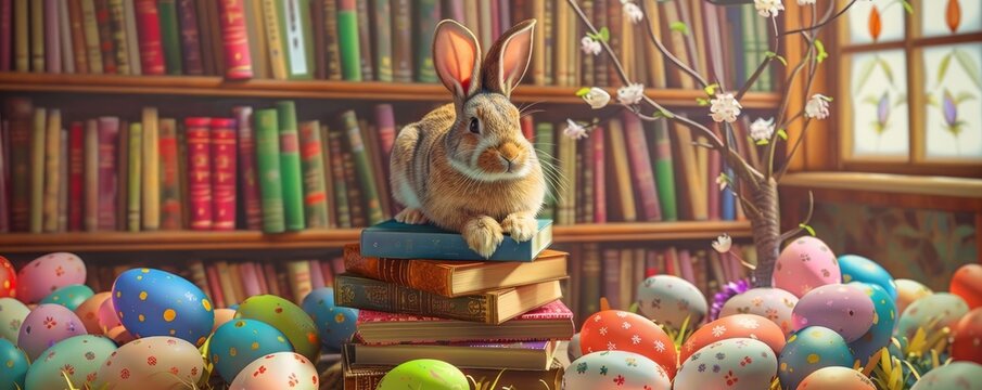 A Whimsical Easter Scene: A Curious Bunny Perched Atop a Towering Stack of Colorful Books, Surrounded by Scattered Eggs