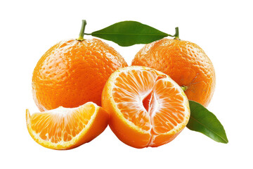 Fresh oranges with slices and leaves, cut out - stock png.