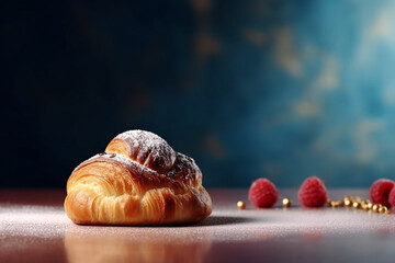 Flaky croissant dusted with powdered sugar beside fresh raspberries on a reflective surface.