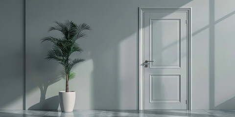 Paneled door set in a matching wall with elegant wainscoting in the sunlight.