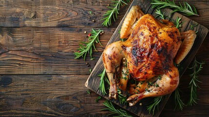 Homemade chicken rotisserie with thyme, lemon closeup on a slate board on the table