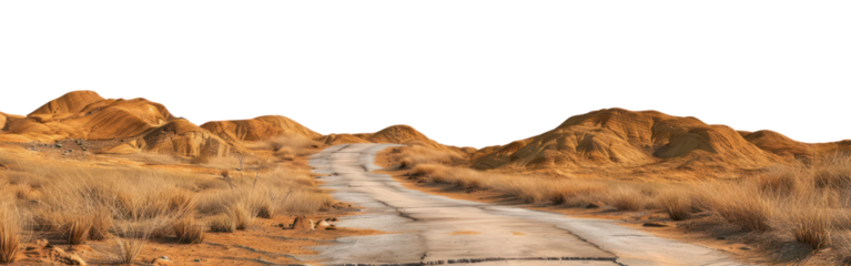 Desert road winding through arid landscape, cut out - stock png.
