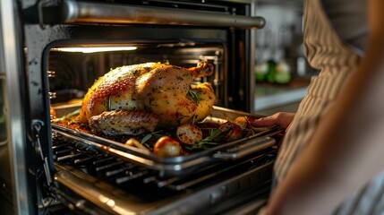 Housewife prepares roast chicken in the oven, view from the inside of the oven. Cooking in the oven - obrazy, fototapety, plakaty