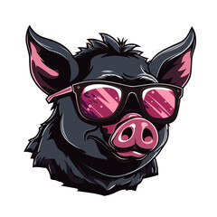 Portrait of a black pig in sunglasses. Vector illustration on white background.