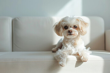Perro de raza caniche blanco tumbado en un sofá blanco, sobre fondo de pared blanca