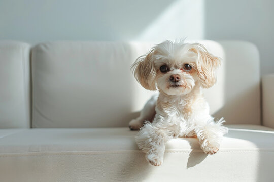 Perro de raza caniche blanco tumbado en un sofá blanco, sobre fondo de pared blanca