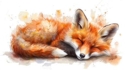 Fototapeta premium A sweet watercolor of a sleeping fox cub, its fiery orange fur contrasting with the white background