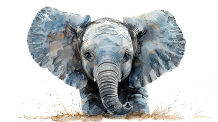 An endearing watercolor of a baby elephant, its gentle eyes and floppy ears brought to life - obrazy, fototapety, plakaty