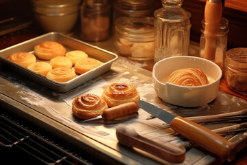 Freshly baked pastries on a metal tray next to kitchen utensils.