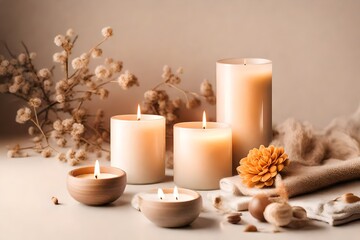 Fototapeta na wymiar Aroma candle mock up, warm aesthetic composition. Cozy home comfort, relaxation and wellness concept. Interior decoration mockup 