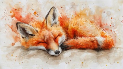 A sweet watercolor of a sleeping fox cub, its fiery orange fur contrasting with the white background - obrazy, fototapety, plakaty