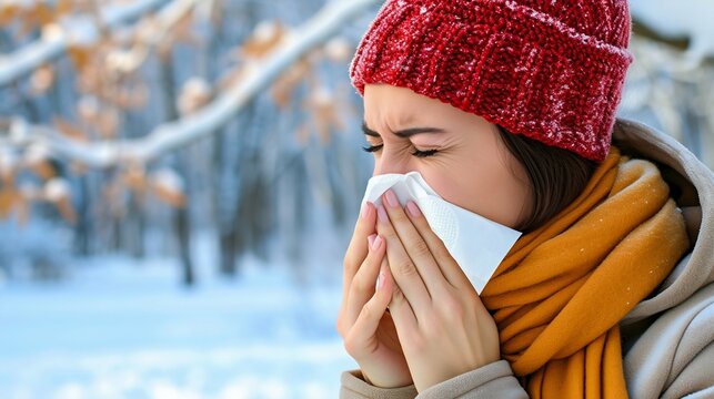 Woman with Cold Blowing Nose in Winter Season. Generative ai
