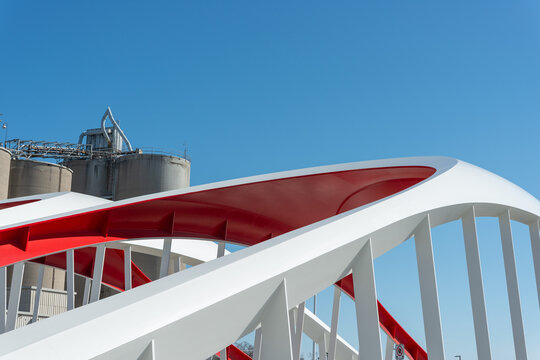 silos, sky, and Cherry Street North Bridge designed by Entuitive, schlaich bergermann partner (sbp), and Grimshaw Architects, Port Lands, on the Toronto waterfront east 