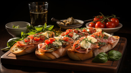 Plate with bread, dry-cured ham, cheese, tomatoes and glasses of wine. Concept of lunch in a restaurant
