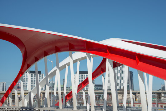 side view of Cherry Street North Bridge designed by Entuitive, schlaich bergermann partner (sbp), and Grimshaw Architects, Port Lands, on the Toronto waterfront east 
