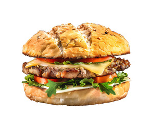 Sandwich with beef and cheese cutlet on white background.