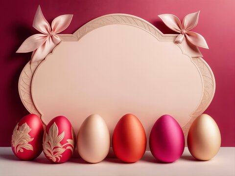 Glossy multicoloured Easter eggs on the background of a decorative oval frame.  Still life. Easter celebration, springtime festivity. Graphic design, digital backgrounds,  with copy space.