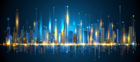 Futuristic cityscape with neon lights, hi tech architecture, abstract digital design for banner. - obrazy, fototapety, plakaty