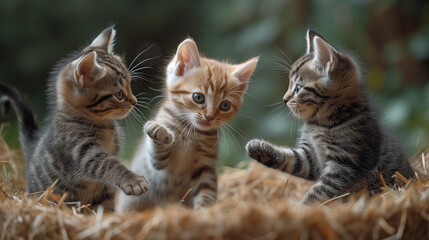 Obraz premium Portrait of three expressive small tabby kittens playing together and having fun free outdoors, soft focus