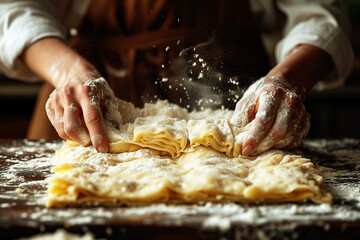 Woman with floured hands  preparing  delicious sheets of Italian pasta noodles for lasagne in the kitchen - obrazy, fototapety, plakaty