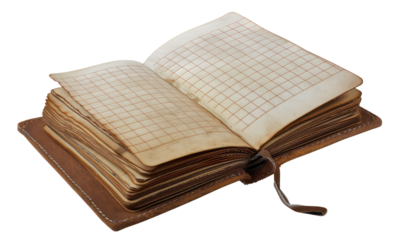 Vintage leather-bound ledger book with grid pages open, cut out - stock png.