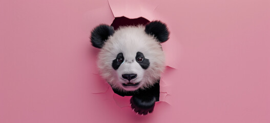 Curious Panda Peeking Through Pink Paper Rip