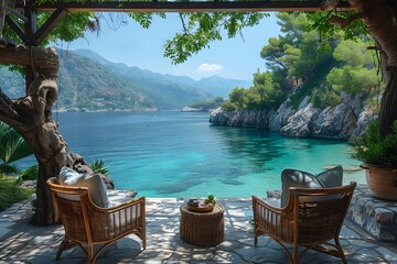 Resort relaxation area with beautiful sea views - obrazy, fototapety, plakaty