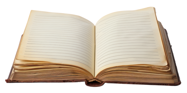 Open lined notebook with blank pages for writing, cut out - stock png.