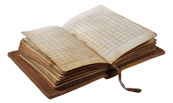 Vintage leather-bound ledger book with grid pages open, cut out - stock png.