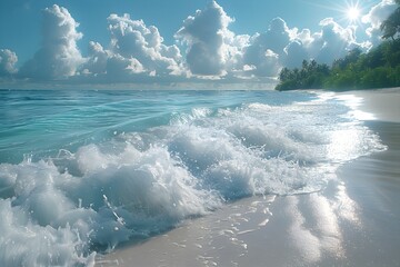 White sand beach scenery with waves - obrazy, fototapety, plakaty