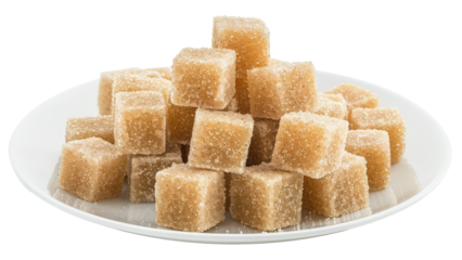 Natural brown sugar cubes piled on a white plate, cut out - stock png.