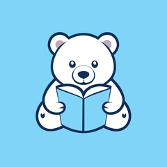 playful cartoon modern polar bear logo, polar bear reading a book, literary bookstore logo, minimalist line art, sky blue and white, meme art, whimsical polar bear