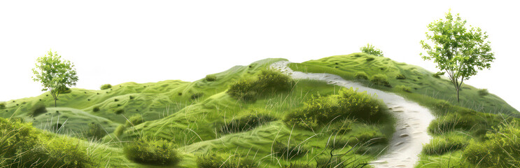 Green hillside path winding through tranquil countryside landscape, cut out - stock png.