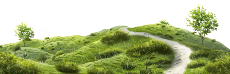 Green hillside path winding through tranquil countryside landscape, cut out - stock png.