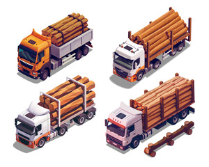 Set of logging trucks in isometric view. 3d rendered low poly image. Transparent background