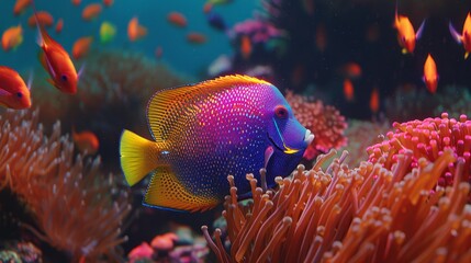 Obraz premium Elegant angelfish among vibrant corals in a captivating saltwater aquarium setting