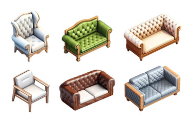 Set of isometric furniture sofa and armchair. 3d rendered image. Transparent background - obrazy, fototapety, plakaty