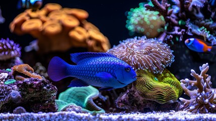 Fototapeta na wymiar Colorful chromis fish swimming amid vibrant corals in a saltwater aquarium environment
