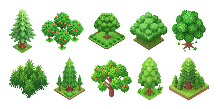 Set of isometric trees and plants. 3d rendered image. Transparent background