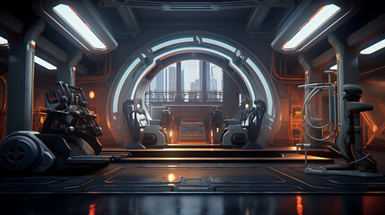 A gym interior for a retro sci-fi spaceship fitness center, with spaceship-inspired workouts and futuristic equipment.