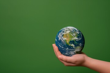 Hand holding planet earth on the palm of a hand. Earth Day concept, studio green background