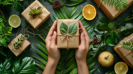 Eco friendly concept, female hands hold gift around fruits and ecological products, earth conservation - obrazy, fototapety, plakaty
