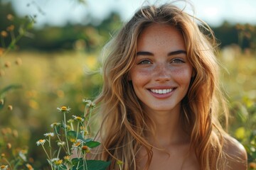 Portrait of happy smiling woman with bare shoulders on natural field background