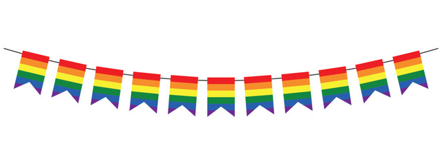 pride month pennant garland, rainbow flag, lesbian gay bisexual transgender concept, bunting party decoration, vector decorative element - obrazy, fototapety, plakaty