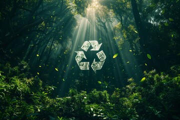Recycling sign on the background of a green forest with tall large trees, sunlight - Powered by Adobe