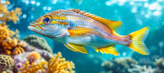 Fototapeta premium Vibrant royal gramma fish swimming among colorful corals in a saltwater aquarium environment