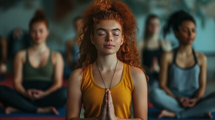 Group meditation at seated cross-legged meditation practice during workout yoga session at sports club, breath exercise, closed eyes. Woman meditating at yoga class.