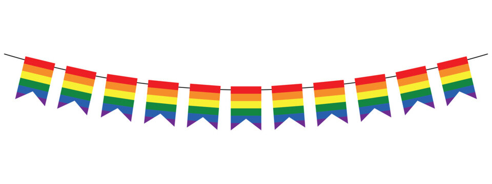 pride month pennant garland, rainbow flag, lesbian gay bisexual transgender concept, bunting party decoration, vector decorative element
