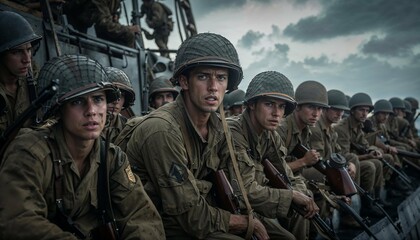 Photo of World War II marines, WWII, soldiers, war scene, soldiers fighting in war, a group of soldiers during second world war, camaraderie, soldier in combat