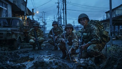 Photo of World War II marines, WWII, soldiers, war scene, soldiers fighting in war, a group of soldiers during second world war, camaraderie, soldier in combat